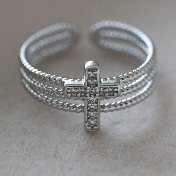 Jewelry - Cross with CZ Charm Cuff Ring Adjustable Stainless Steel
